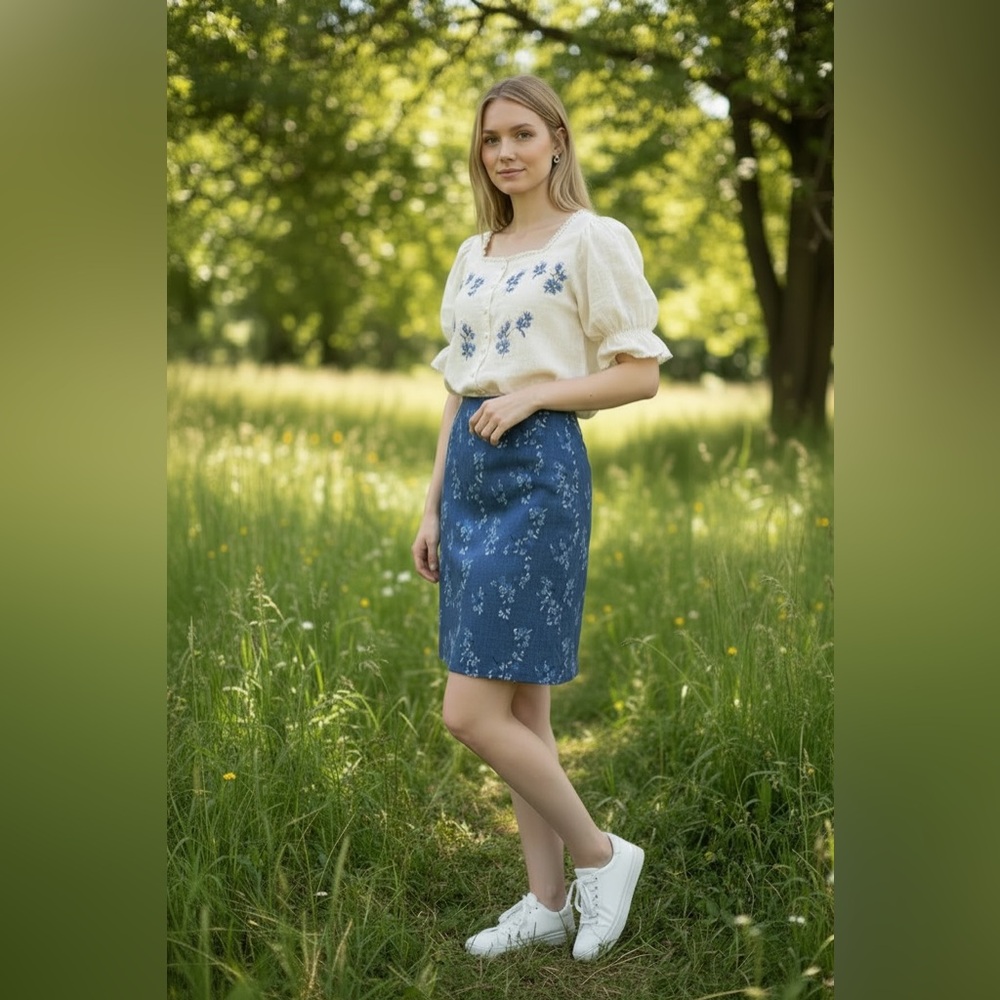 VINTAGE 90s Indigo Floral Midi Skirt | High Waisted Cottagecore | L 10/12